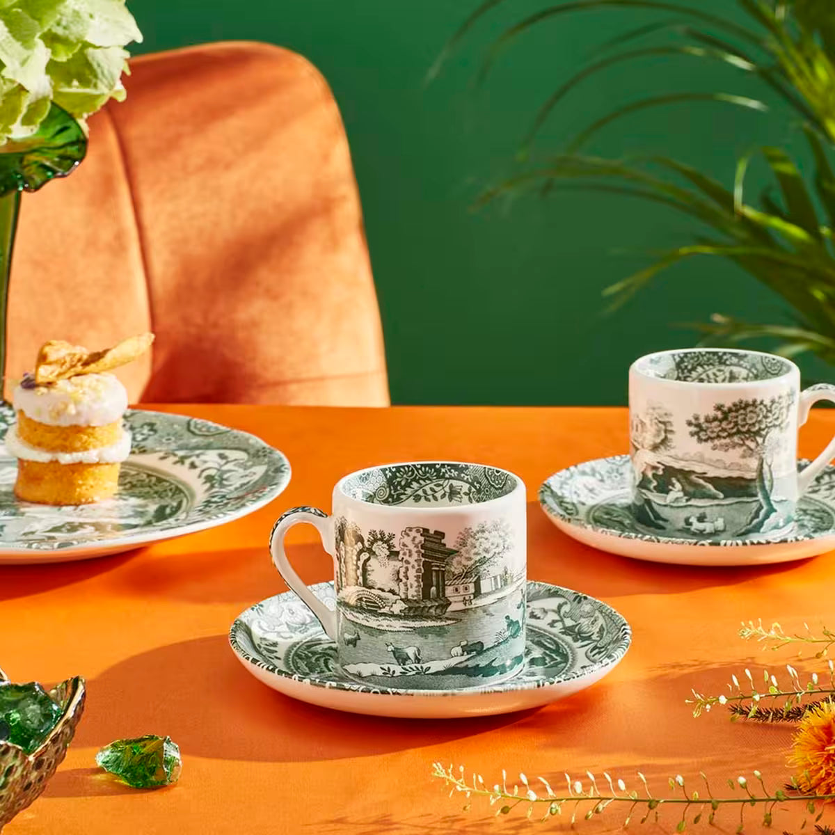 Spode Heritage Green Italian espressokopp + fat 9 cl grön/vit