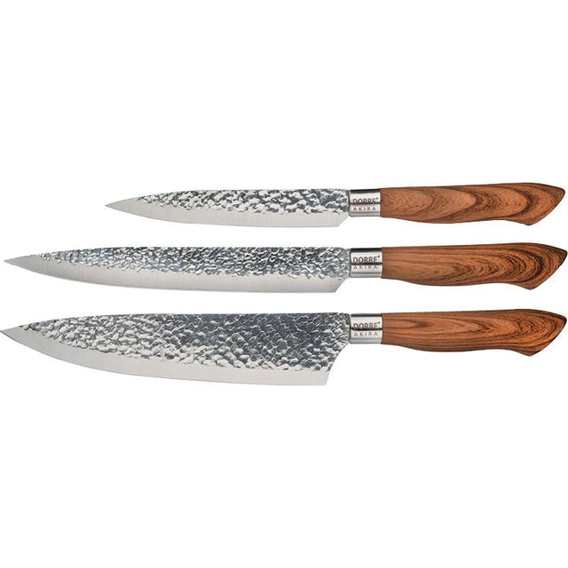 Dorre Akira Knivset med Brunt Handtag - 3 Knivar: Kockkniv, Köttkniv och Allkniv - Kockensval