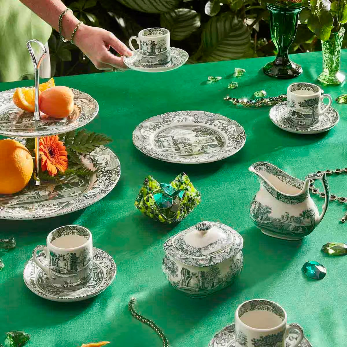 Spode Heritage Green Italian espressokopp + fat 9 cl grön/vit