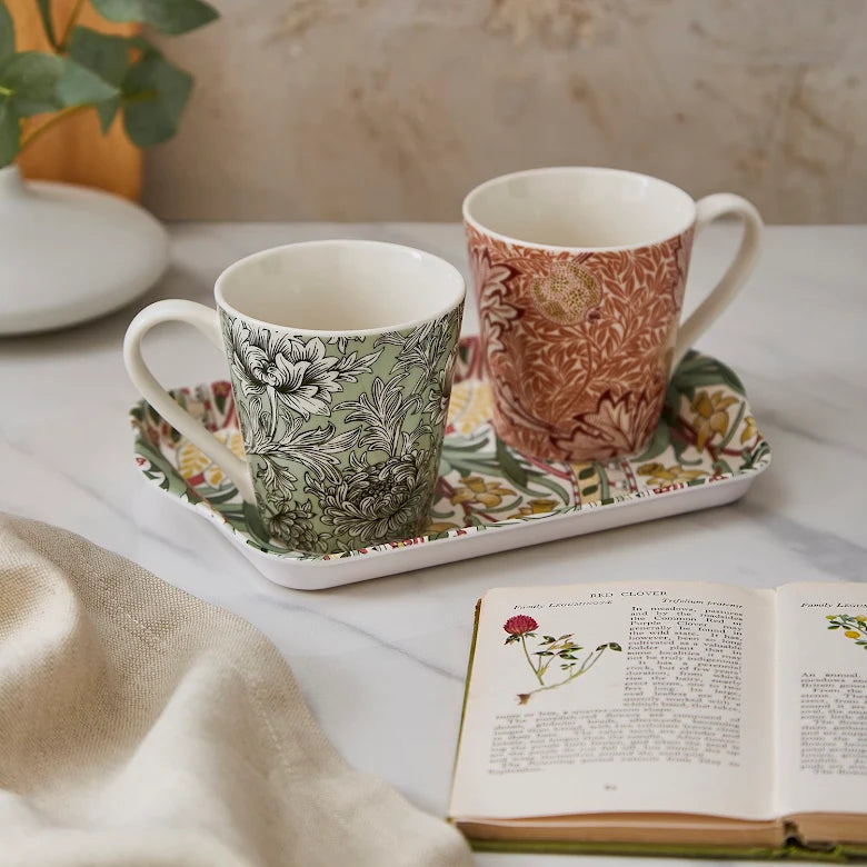 Spode Morris & Co två muggar och bricka Daffodil Apple